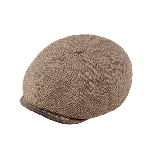8-Panel Herringbone Gatsby Cap – Wool Mix with Leather Brim