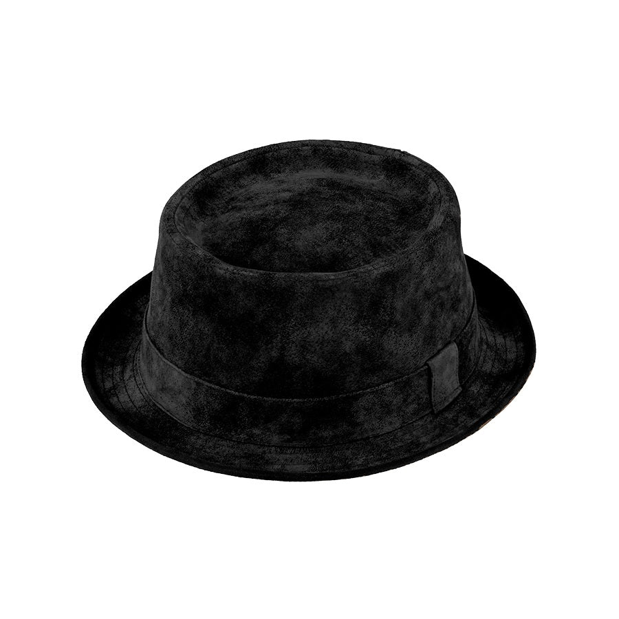 Black Leather Porkpie Hat - Vintage Fiebig Leader Style