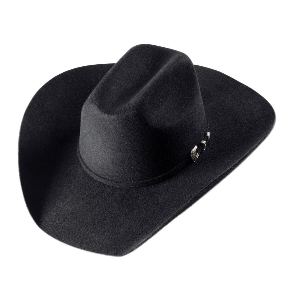 Premium Black Wool Felt Western Hat - Wyoming Collection. Make a bold statement with this exclusive black western cowboy hat. Crafted from 100% premium wool felt and featuring a distinctive hat band with rhinestone-studded buckle, the Wyoming combines classic western style with modern durability.