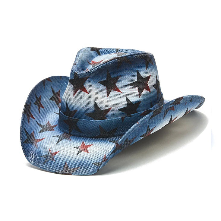 Straw Cowboy Hat Saddleback Stars - American Flag Western Hat