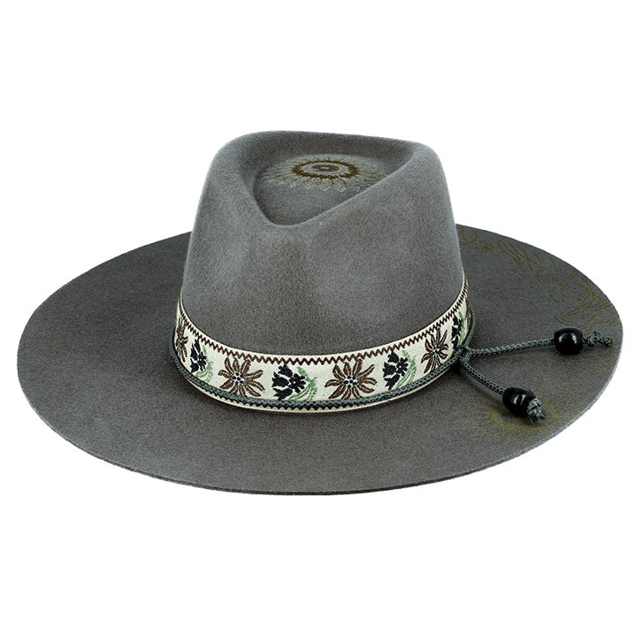 Gray Wool Fedora – Wide Brim Hat with Subtle Patterns & Cord Finish