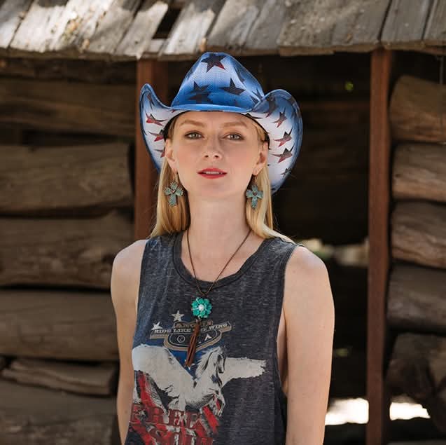 Straw Cowboy Hat Saddleback Stars - American Flag Western Hat