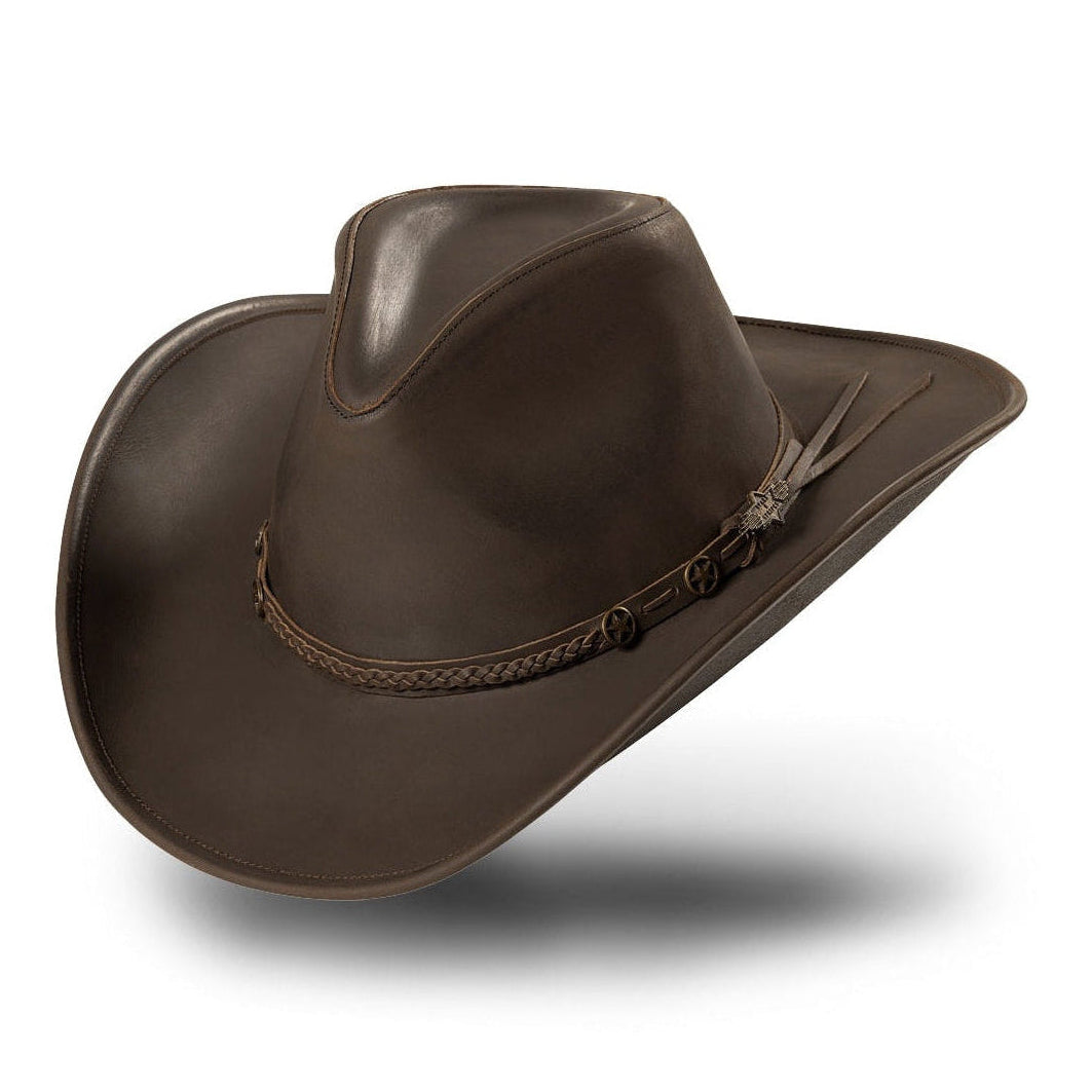 Premium Brown Nubuck Leather Western Hat - Bandera. Experience authentic western heritage with the Bandera leather cowboy hat. Crafted from supple nubuck leather with a braided leather hatband, this hat combines traditional craftsmanship with modern comfort. Unlike wool felt hats, this 100% genuine leather construction develops a distinctive patina over time, making each hat uniquely yours.