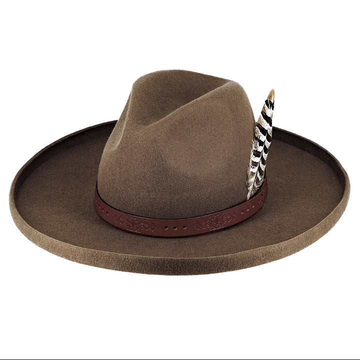 Wide Brim Wool Felt Brown Fedora – Leather Trim & Large Feather