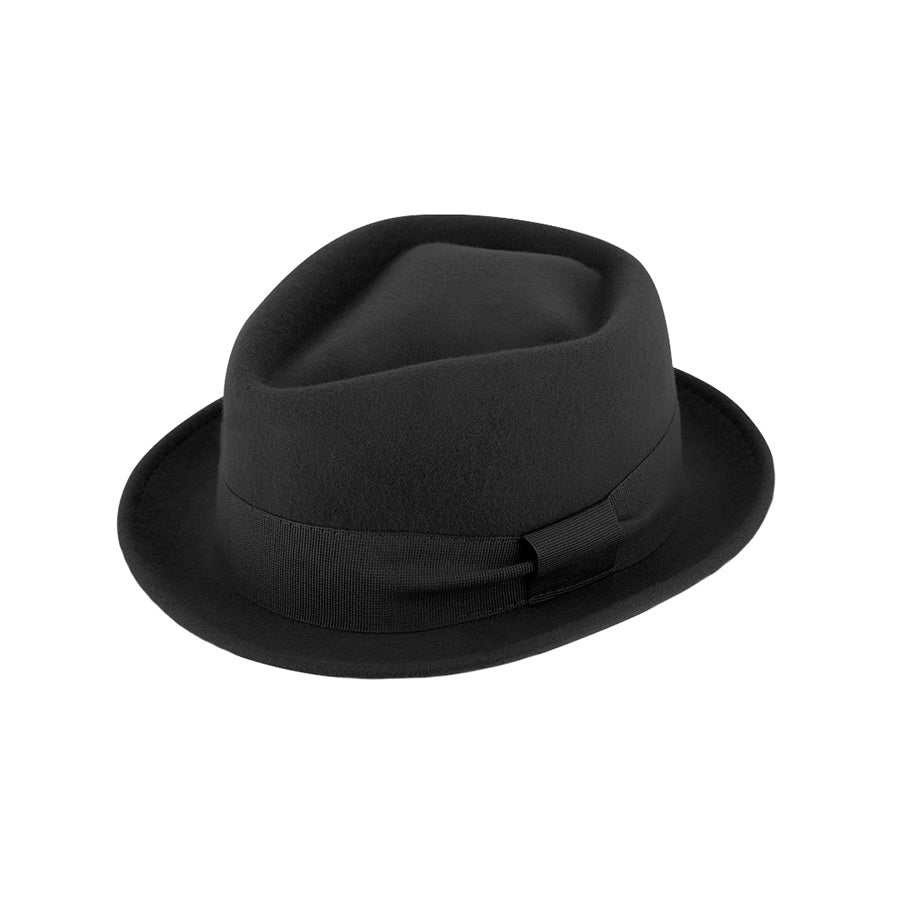Premium Black Wool Porkpie Hat - Diamond Style. The porkpie hat is a true classic in hat fashion and a must-have for fashion-conscious men and women. With its characteristic flat crown and 4 cm wide brim, it lends an elegant yet modern touch to any outfit.