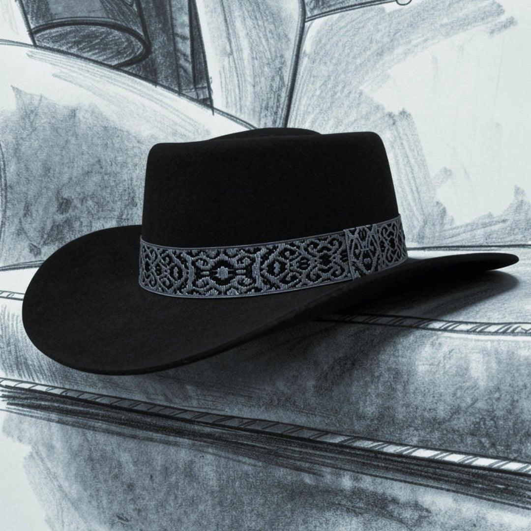 Ballad – Black Wool Felt Western Gambler Hat with Rustic pattern Hatband