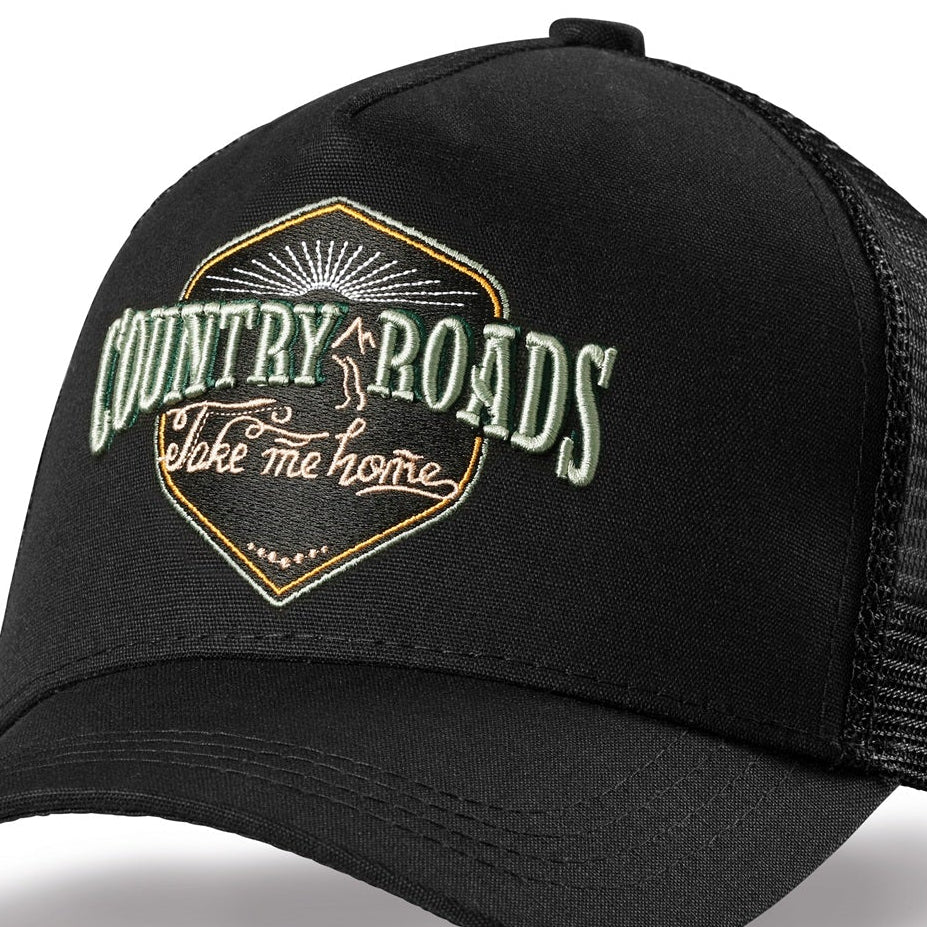 Country Roads Black Trucker Cap - 5-Panel Western Snapback Hat